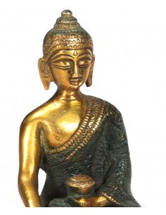 Brass statuette of Buddha with green patina - 1 2