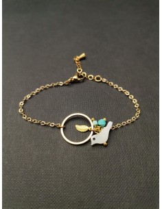 Náramek s bílým ptáčkem a zeleným korálkem | PIOU PIOU-1