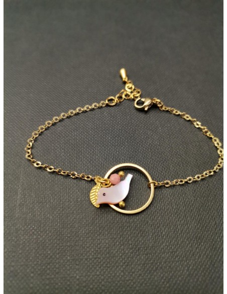 Náramek s růžovým ptáčkem a korálkem| PIOU PIOU-1