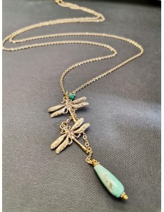 Chain necklace with dragonfly motifs and green beads | PIOU PIOU - 1