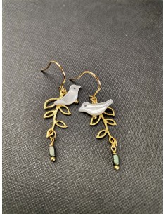 Náušnice s bílým ptáčkem a zeleným korálkem | PIOU PIOU-1 2