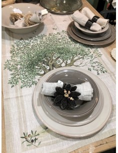 Linen runner with olive tree print 45x170 | TESSITURA TOSCANA TELERIE - 1 2