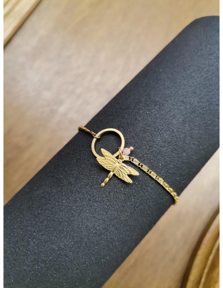 Náramek s vážkou a růžovým korálkem | PIOU PIOU-4