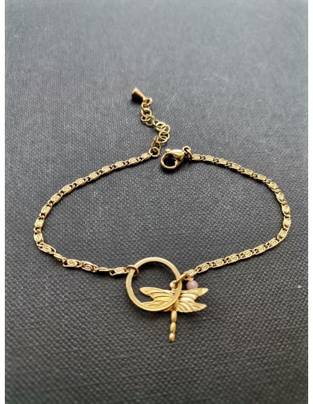 Náramek s vážkou a růžovým korálkem | PIOU PIOU-1