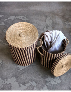 Úložný koš s víkem, přírodní s pruhem L | HOUSE DOCTOR 2