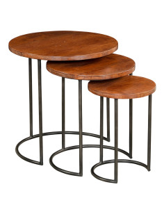 Set 3 kulatých stolků s kovovou nohou a dřevěnou deskou | dovoz Indie