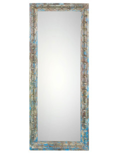 Zrcadlo v dřevěným vyřezávaným rámem s modrou patinou