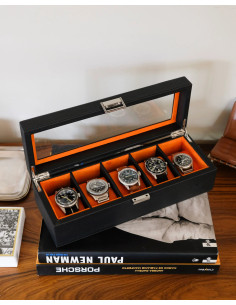 Luxusní pouzdro na 5 hodinek, černé / oranžové | MAISON...