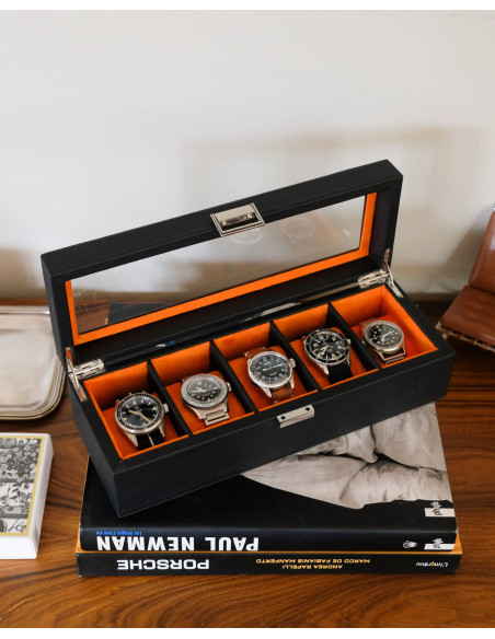 Luxusní pouzdro na 5 hodinek, černé / oranžové | MAISON SCARLET