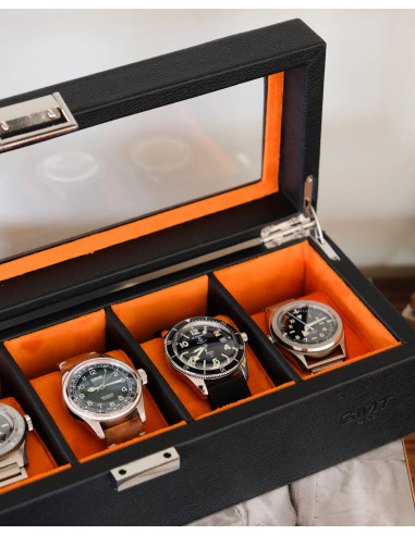 Luxusní pouzdro na 5 hodinek, černé / oranžové...