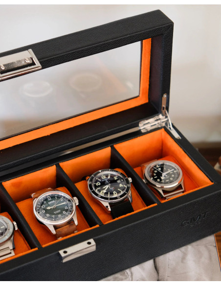 Luxusní pouzdro na 5 hodinek, černé / oranžové | MAISON SCARLET