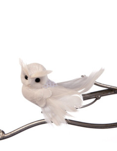 Vánoční dekorace – bílá sovička na klipu, zdobená peříčky...