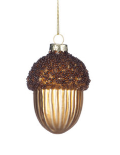 Vánoční dekorace – závěsný skleněný žalud zdobený korálky...