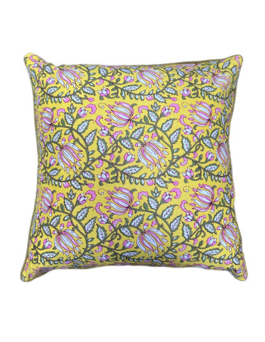 Bavlněný povlak polštáře 40x40, žlutý s květy | dovoz Indie