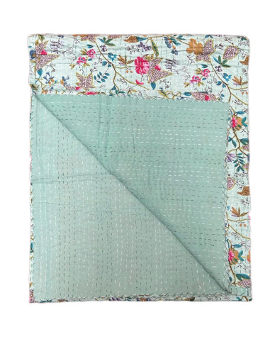 Prošívaný přehoz přes postel Floral 210x264, světle pistáciový | dovoz Indie a