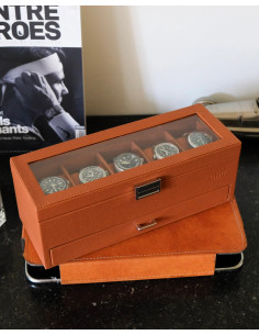 Luxusní pouzdro na 5 hodinek se zásuvkou, koňakové | MAISON SCARLET