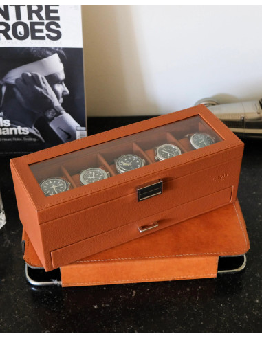 Luxusní pouzdro na 5 hodinek se zásuvkou, koňakové | MAISON SCARLET