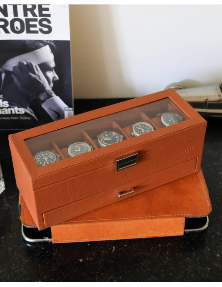 Luxusní pouzdro na 5 hodinek se zásuvkou, koňakové | MAISON SCARLET