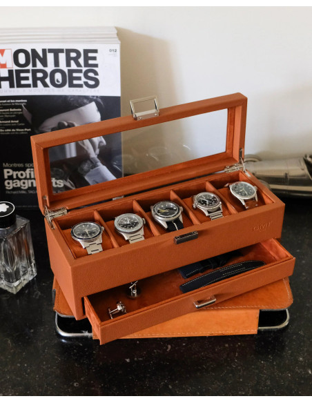 Luxusní pouzdro na 5 hodinek se zásuvkou, koňakové | MAISON SCARLET a