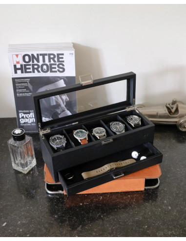 Luxusní pouzdro na 5 hodinek se zásuvkou, černé | MAISON SCARLET b