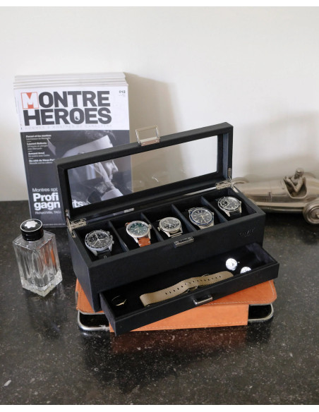 Luxusní pouzdro na 5 hodinek se zásuvkou, černé | MAISON SCARLET b