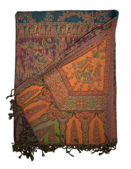 Vlněný přehoz s kašmírovým vzorem 150x230, vínový s tyrkysovou | dovoz Indie a