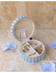 Kulatá cestovní šperkovnice s motivem kouhoutí stopy - světle modrá | MAISON SCARLET - 1 2