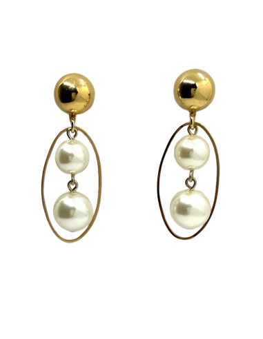 Visací náušnice z kovu ve zlaté barvě a s bílými perlami | FRANCINE BRAMLI