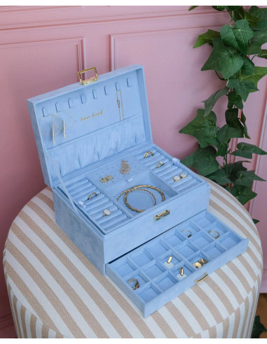 Dvoupatrová šperkovnice se zásuvkou ze světle modrého sametu | MAISON SCARLET a