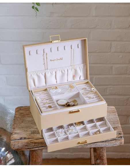 Double jewellery box with drawer, beige faux leather | MAISON SCARLET - 2