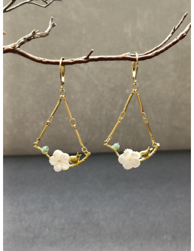 Náušnice s perleťovým květem a ptáčkem | PIOU PIOU