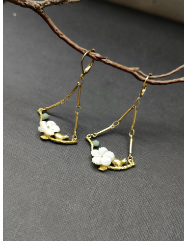 Náušnice s perleťovým květem a ptáčkem | PIOU PIOU